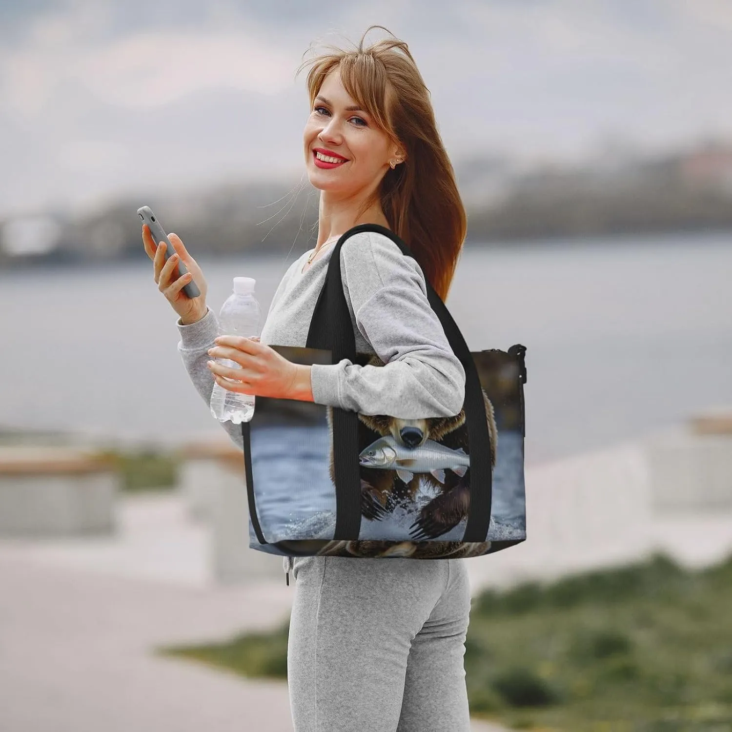 brown bear carrying fish print Travel Duffel Bag, Sports Tote Gym Bag, Swim Pool Bag Large Shoulder Tote Bag for Beach Weekender