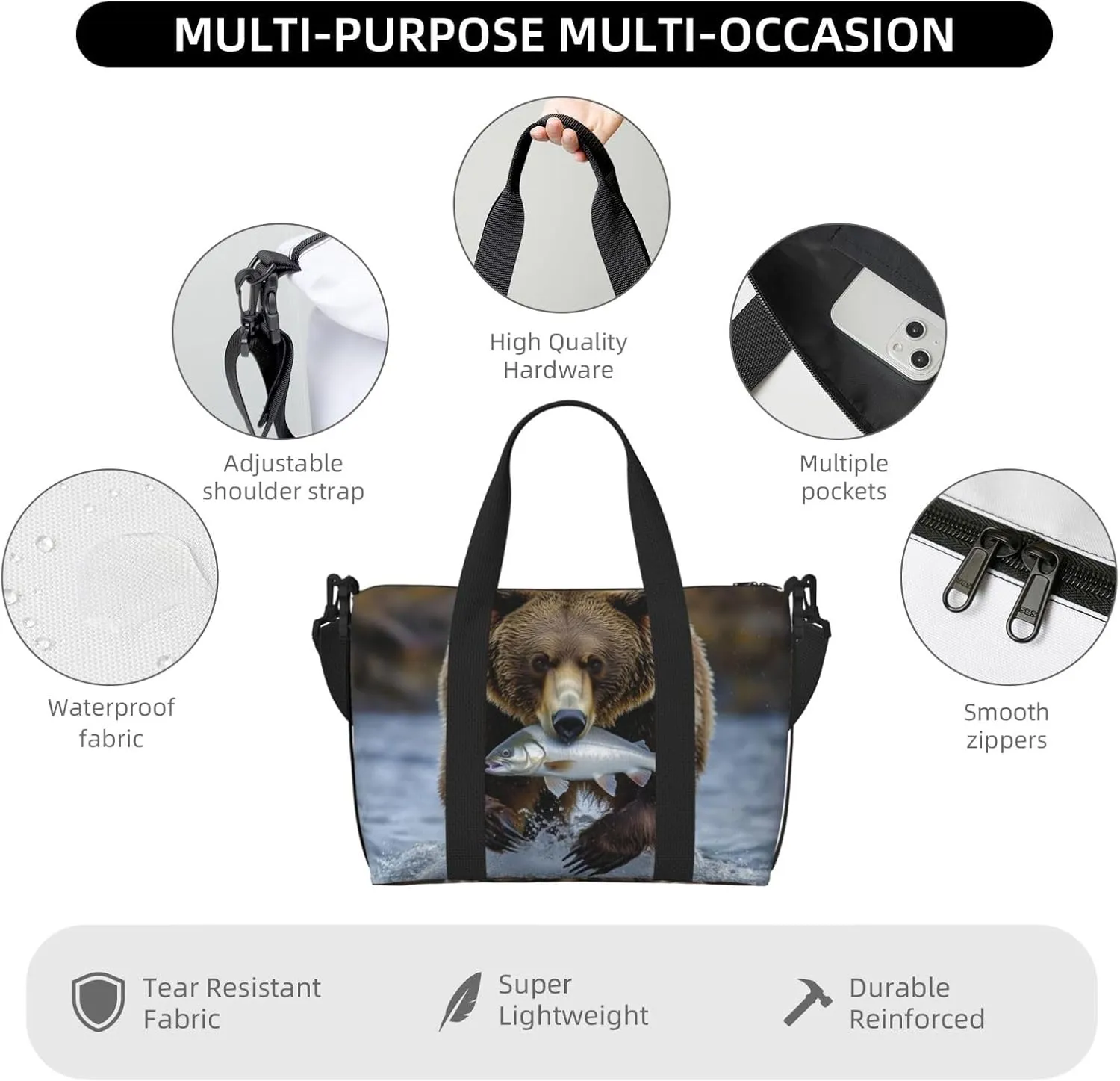 brown bear carrying fish print Travel Duffel Bag, Sports Tote Gym Bag, Swim Pool Bag Large Shoulder Tote Bag for Beach Weekender