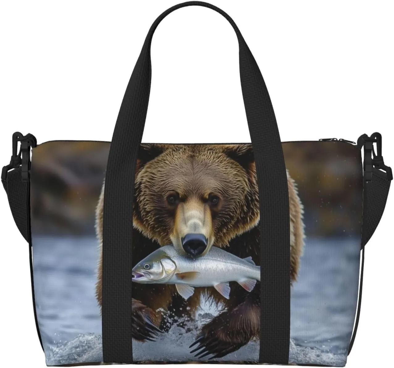 brown bear carrying fish print Travel Duffel Bag, Sports Tote Gym Bag, Swim Pool Bag Large Shoulder Tote Bag for Beach Weekender