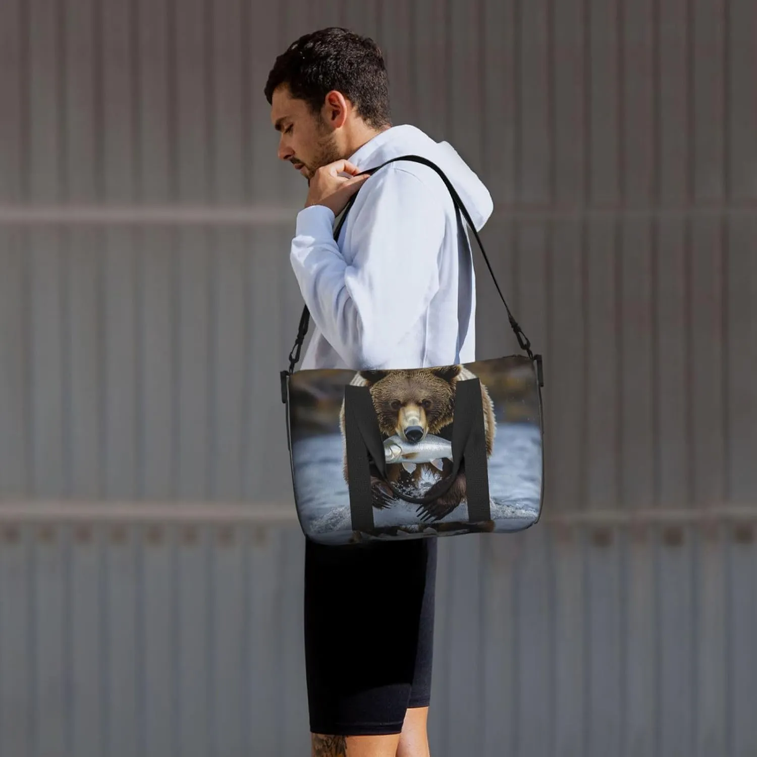 brown bear carrying fish print Travel Duffel Bag, Sports Tote Gym Bag, Swim Pool Bag Large Shoulder Tote Bag for Beach Weekender