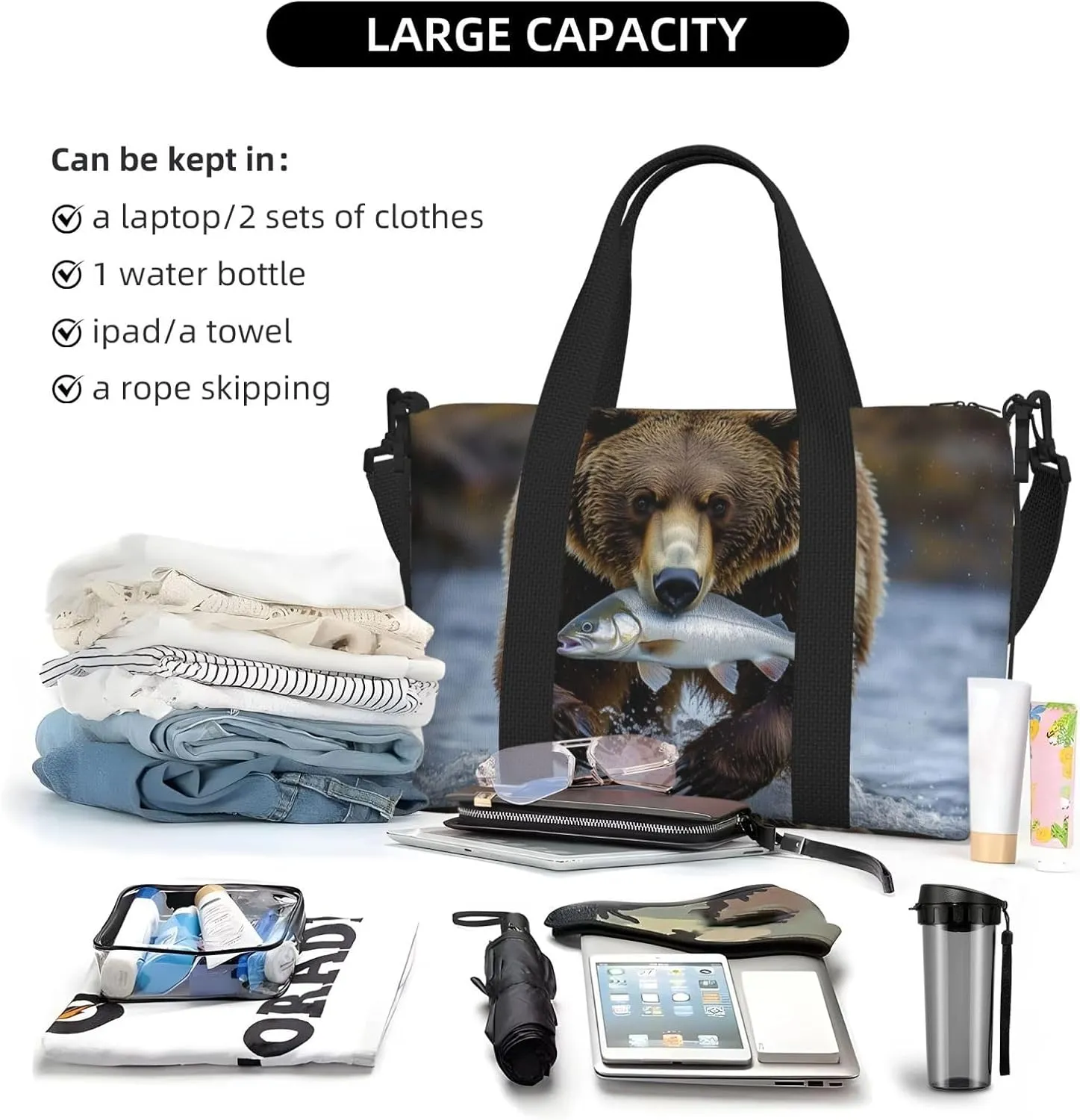 brown bear carrying fish print Travel Duffel Bag, Sports Tote Gym Bag, Swim Pool Bag Large Shoulder Tote Bag for Beach Weekender