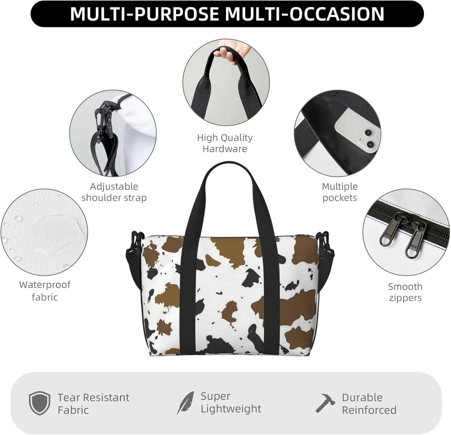 brown cowhide print Travel Duffel Bag, Sports Tote Gym Bag, Swim Pool Bag Large Shoulder Tote Bag for Beach Weekender