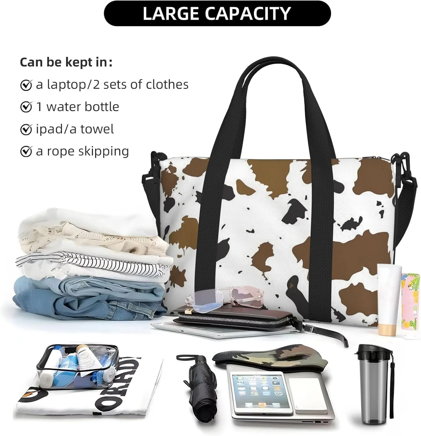 brown cowhide print Travel Duffel Bag, Sports Tote Gym Bag, Swim Pool Bag Large Shoulder Tote Bag for Beach Weekender
