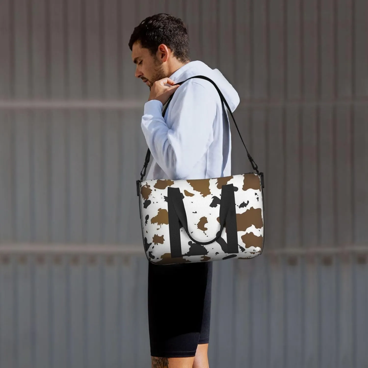 brown cowhide print Travel Duffel Bag, Sports Tote Gym Bag, Swim Pool Bag Large Shoulder Tote Bag for Beach Weekender