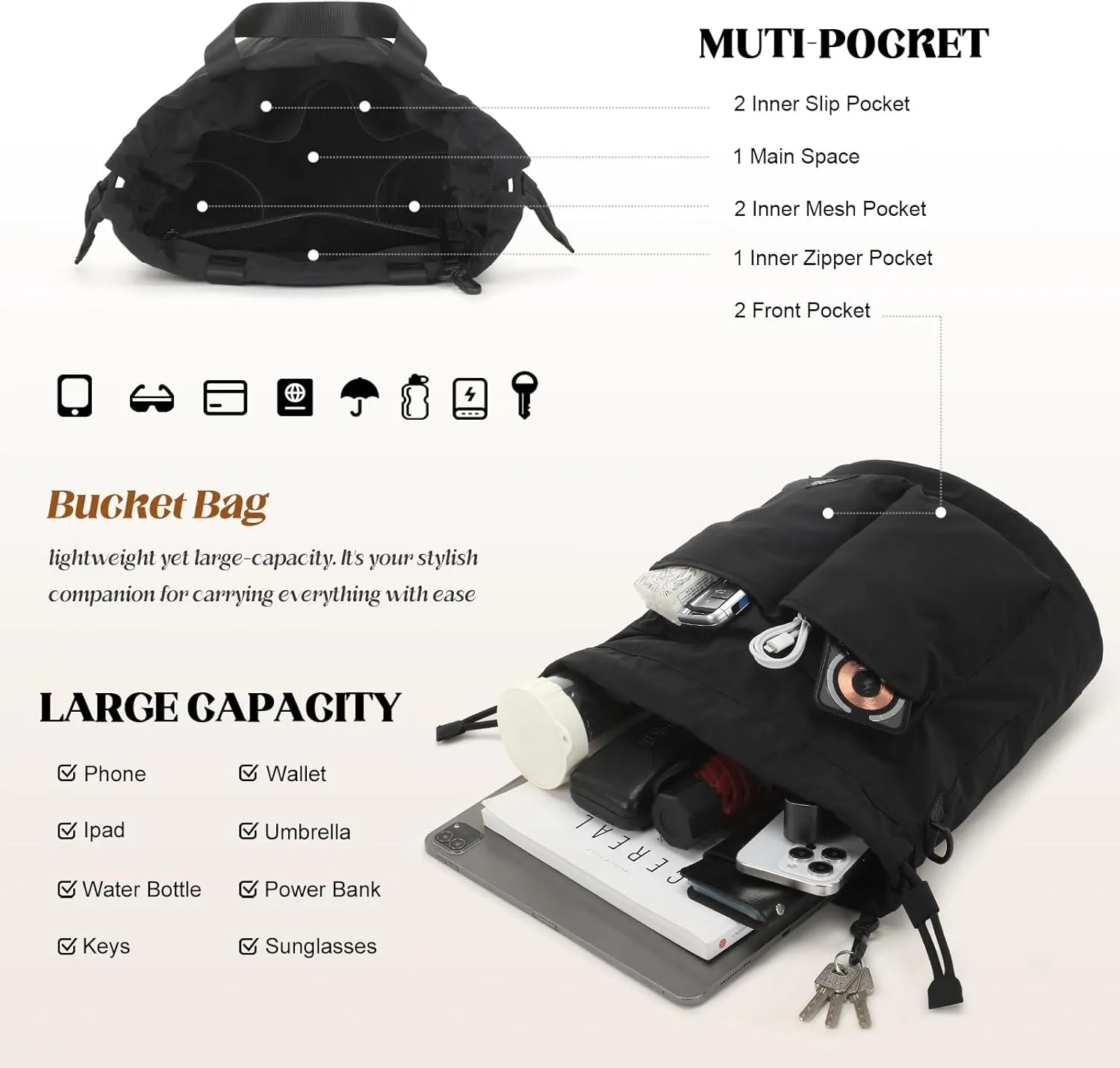 Bucket Bag for Women Super Lightweight Tote Handbag Nylon Crossbody Bag Drawstring Hobo for Travel Hiking Music Festival