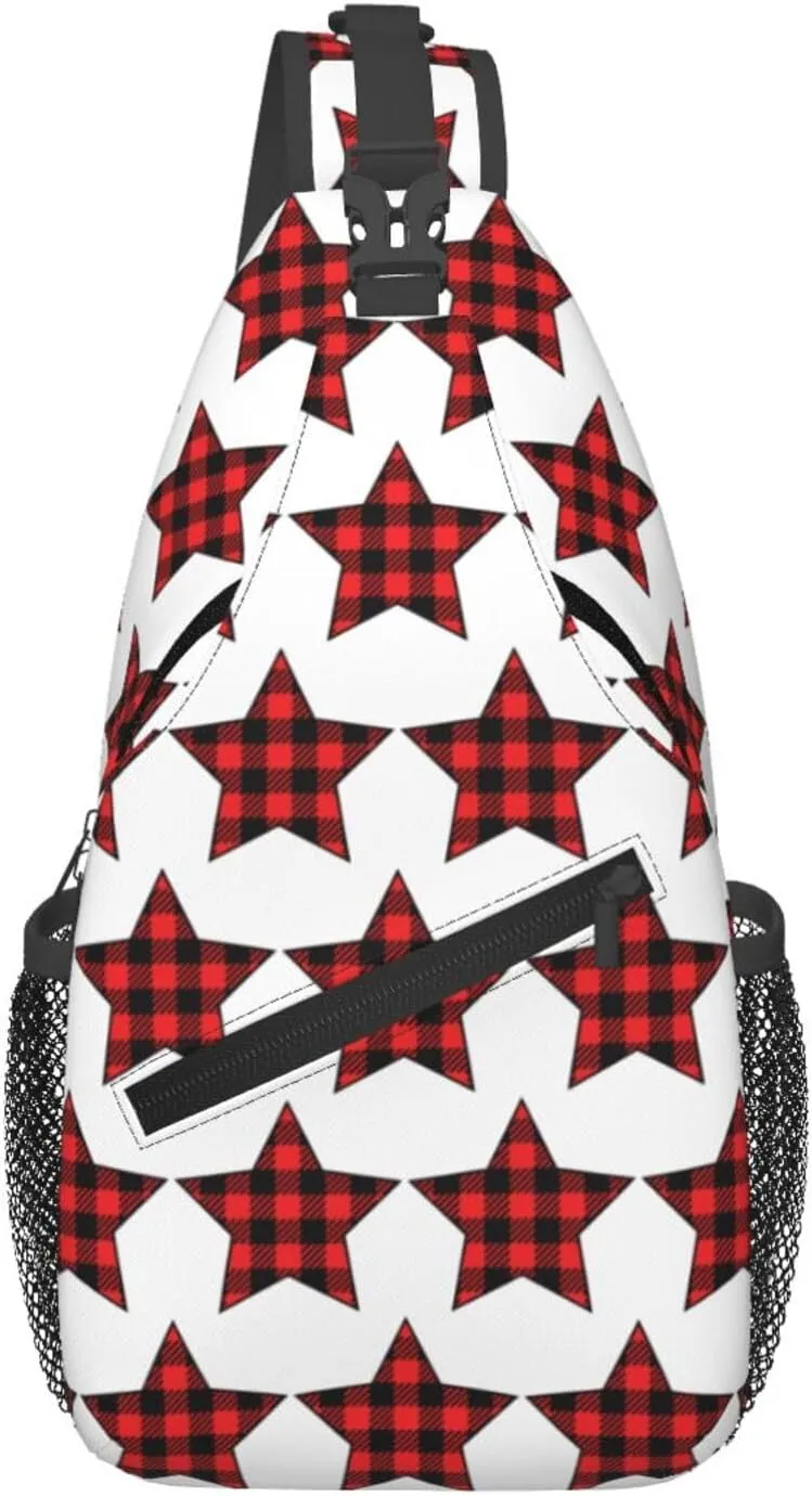 Buffalo Plaid Pentagram Star Crossbody Bag Cross Chest Bag Adjustable Sling Backpack Sports Gym Shoulder Bags Travel Cycling Daypack Diagonally Casual Rucksack
