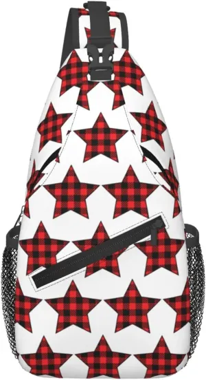 Buffalo Plaid Pentagram Star Crossbody Bag Cross Chest Bag Adjustable Sling Backpack Sports Gym Shoulder Bags Travel Cycling Daypack Diagonally Casual Rucksack