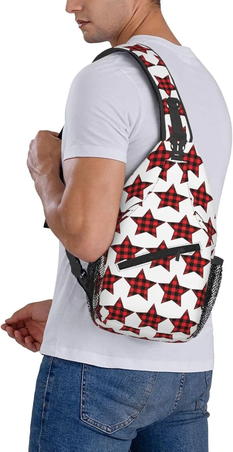 Buffalo Plaid Pentagram Star Crossbody Bag Cross Chest Bag Adjustable Sling Backpack Sports Gym Shoulder Bags Travel Cycling Daypack Diagonally Casual Rucksack