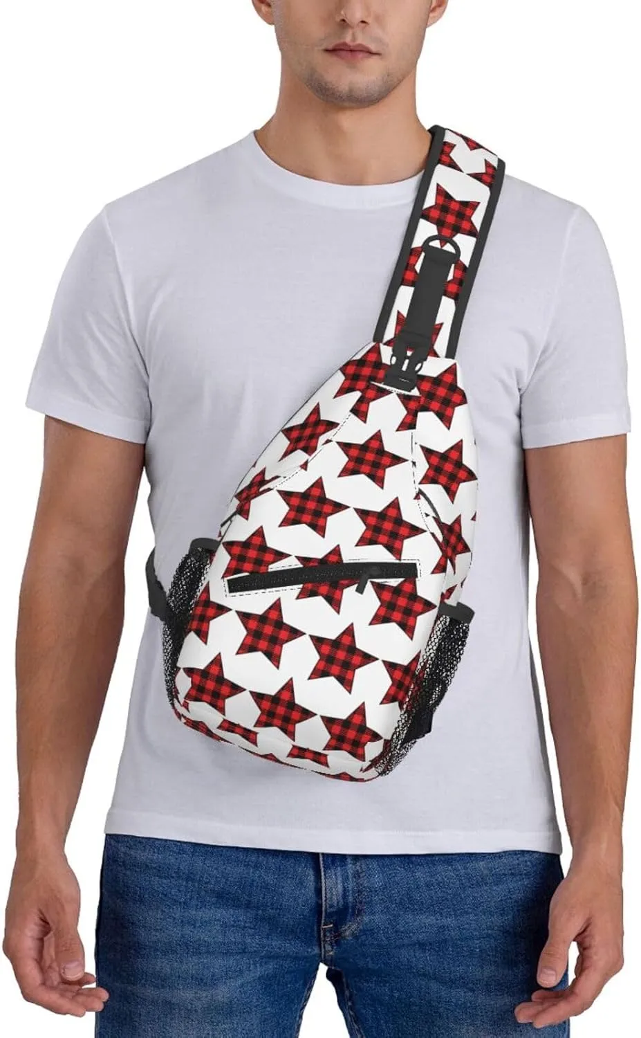 Buffalo Plaid Pentagram Star Crossbody Bag Cross Chest Bag Adjustable Sling Backpack Sports Gym Shoulder Bags Travel Cycling Daypack Diagonally Casual Rucksack