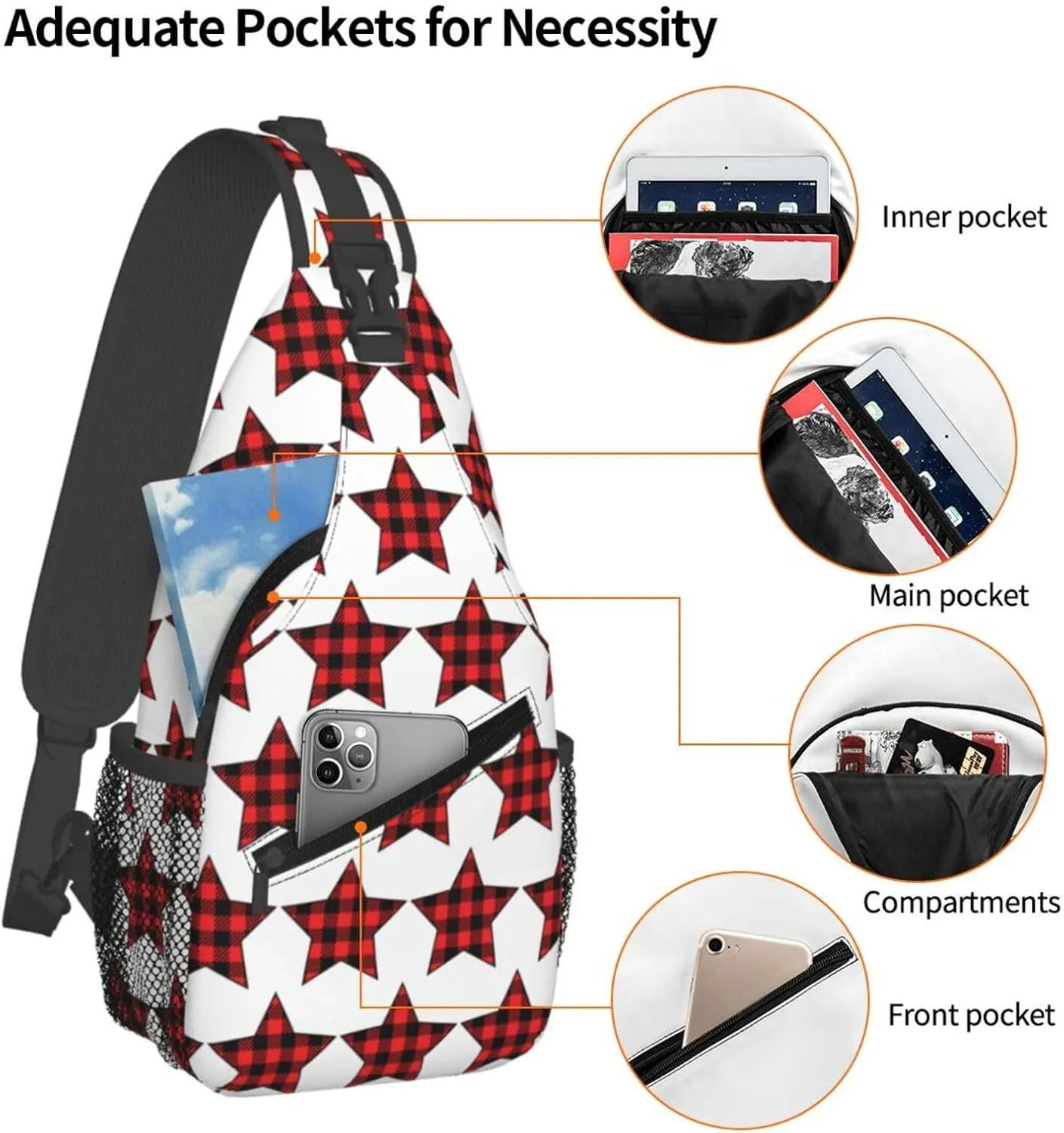 Buffalo Plaid Pentagram Star Crossbody Bag Cross Chest Bag Adjustable Sling Backpack Sports Gym Shoulder Bags Travel Cycling Daypack Diagonally Casual Rucksack