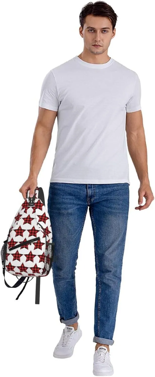 Buffalo Plaid Pentagram Star Crossbody Bag Cross Chest Bag Adjustable Sling Backpack Sports Gym Shoulder Bags Travel Cycling Daypack Diagonally Casual Rucksack