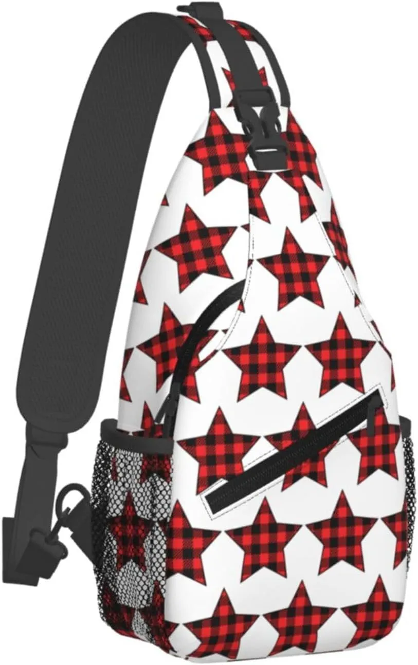 Buffalo Plaid Pentagram Star Crossbody Bag Cross Chest Bag Adjustable Sling Backpack Sports Gym Shoulder Bags Travel Cycling Daypack Diagonally Casual Rucksack