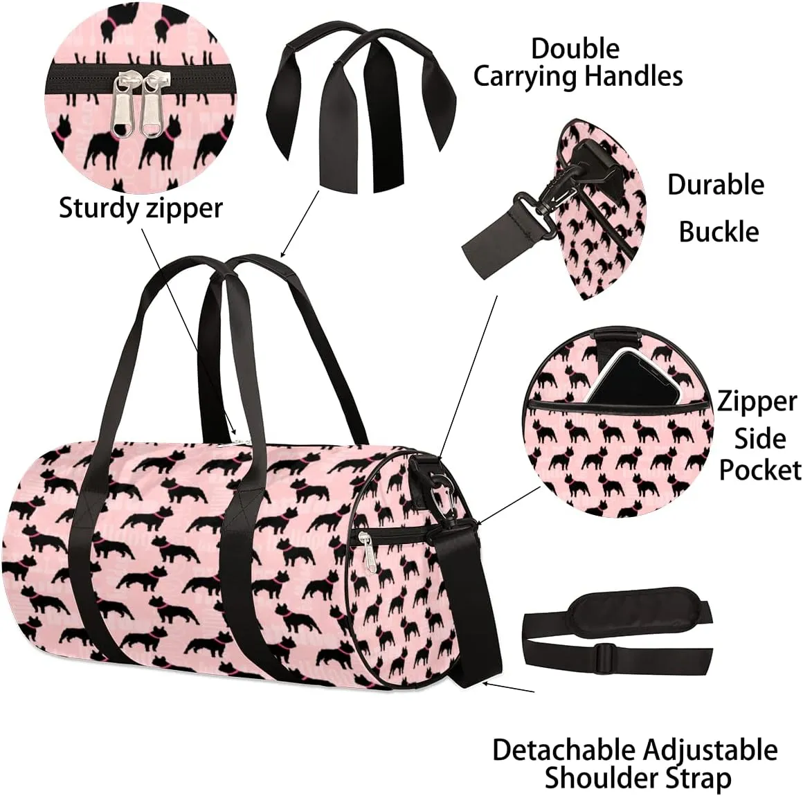 Bulldog Pattern Gym Bag Small Gym Duffel Bags for Men Women Black Pink Overnight Weekender Bag Lightweight Sport Duffle Bag Carry On Gymbag