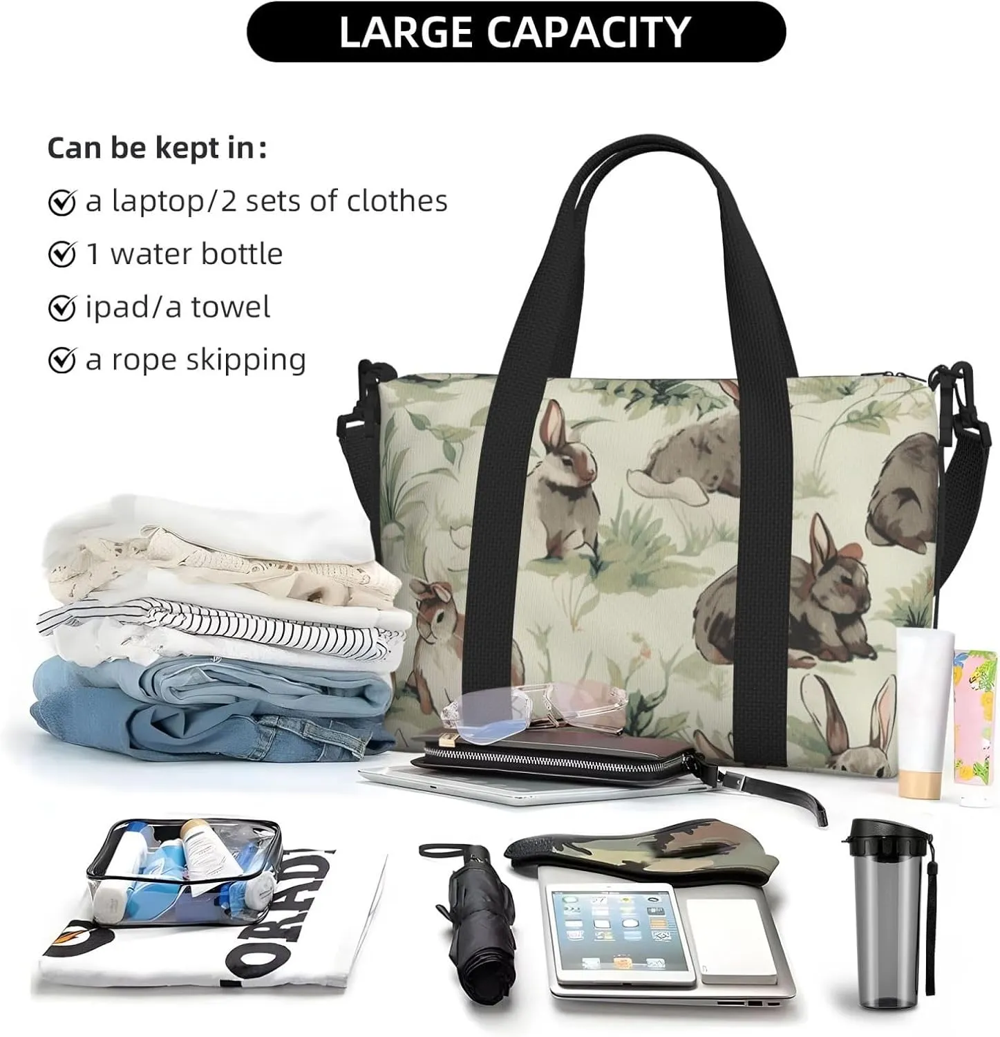 bunnies print Travel Duffel Bag, Sports Tote Gym Bag, Swim Pool Bag Large Shoulder Tote Bag for Beach Weekender
