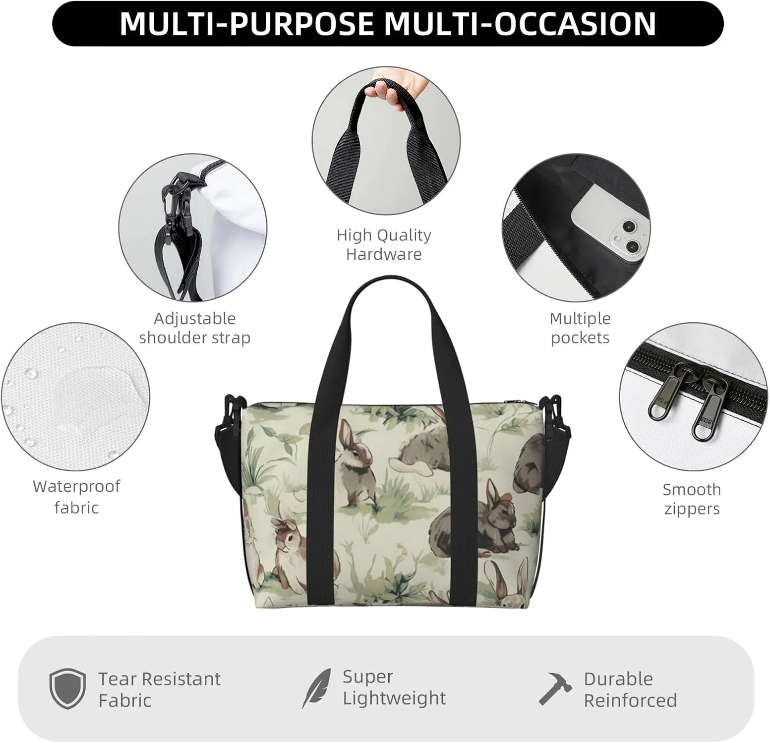bunnies print Travel Duffel Bag, Sports Tote Gym Bag, Swim Pool Bag Large Shoulder Tote Bag for Beach Weekender