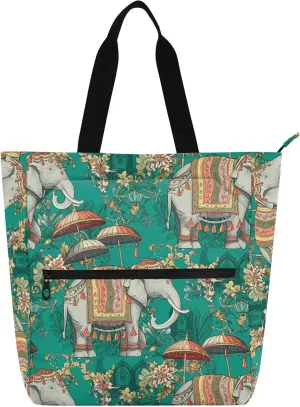 Burbuja Elephants Ornamental Tote Bag for Women, Waterproof Tote Bag with Zipper Inner Pocket Handbag for Book Lovers Birthday Gift