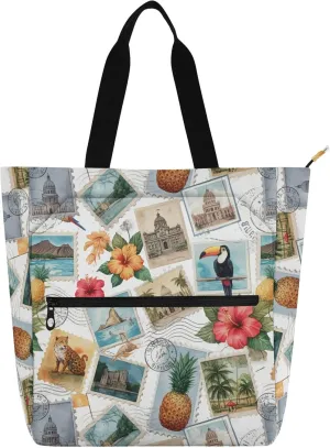 Burbuja Travel Postage Stamp Tote Bag for Women, Waterproof Tote Bag with Zipper Inner Pocket Handbag for Book Lovers Birthday Gift