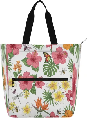 Burbuja Tropic Flowers Tote Bag for Women, Waterproof Tote Bag with Zipper Inner Pocket Handbag for Book Lovers Birthday Gift