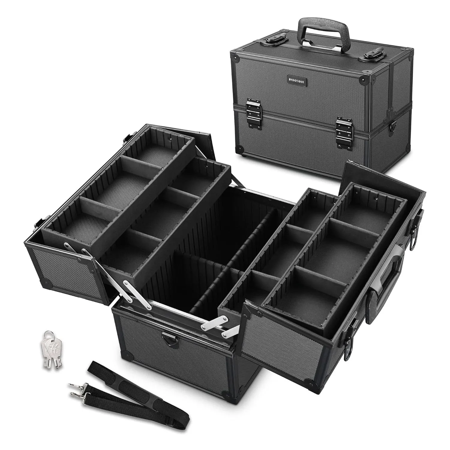 BYOOTIQUE Makeup Train Case Pro Adjustable 4 Sliding Trays Cosmetic Case Storage Organizer Box Lockable Compartments 14 Inch Salon Beauty Large, Black