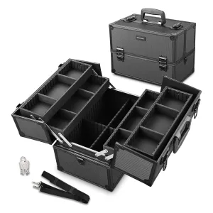 BYOOTIQUE Makeup Train Case Pro Adjustable 4 Sliding Trays Cosmetic Case Storage Organizer Box Lockable Compartments 14 Inch Salon Beauty Large, Black