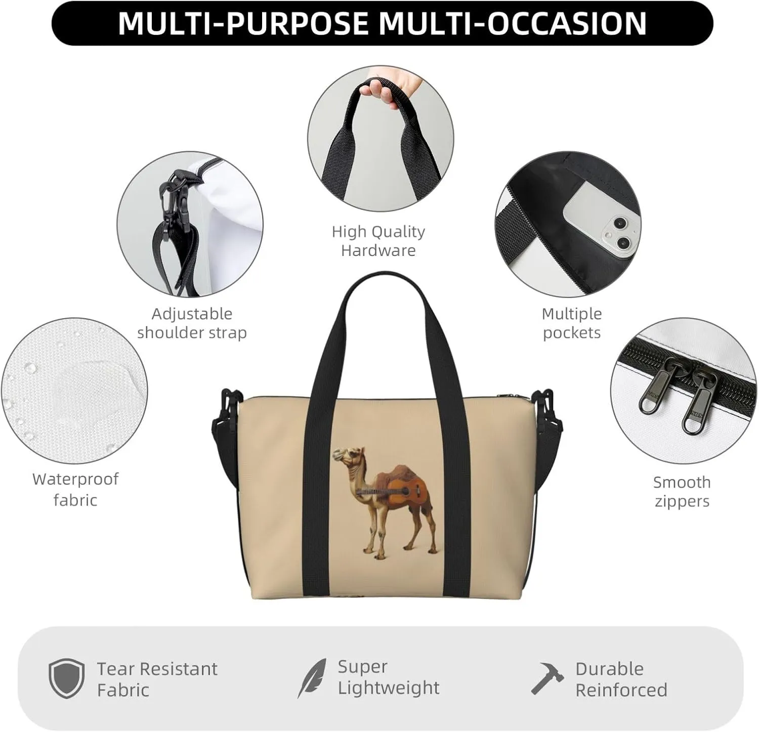 camel guitar funny print Travel Duffel Bag, Sports Tote Gym Bag, Swim Pool Bag Large Shoulder Tote Bag for Beach Weekender