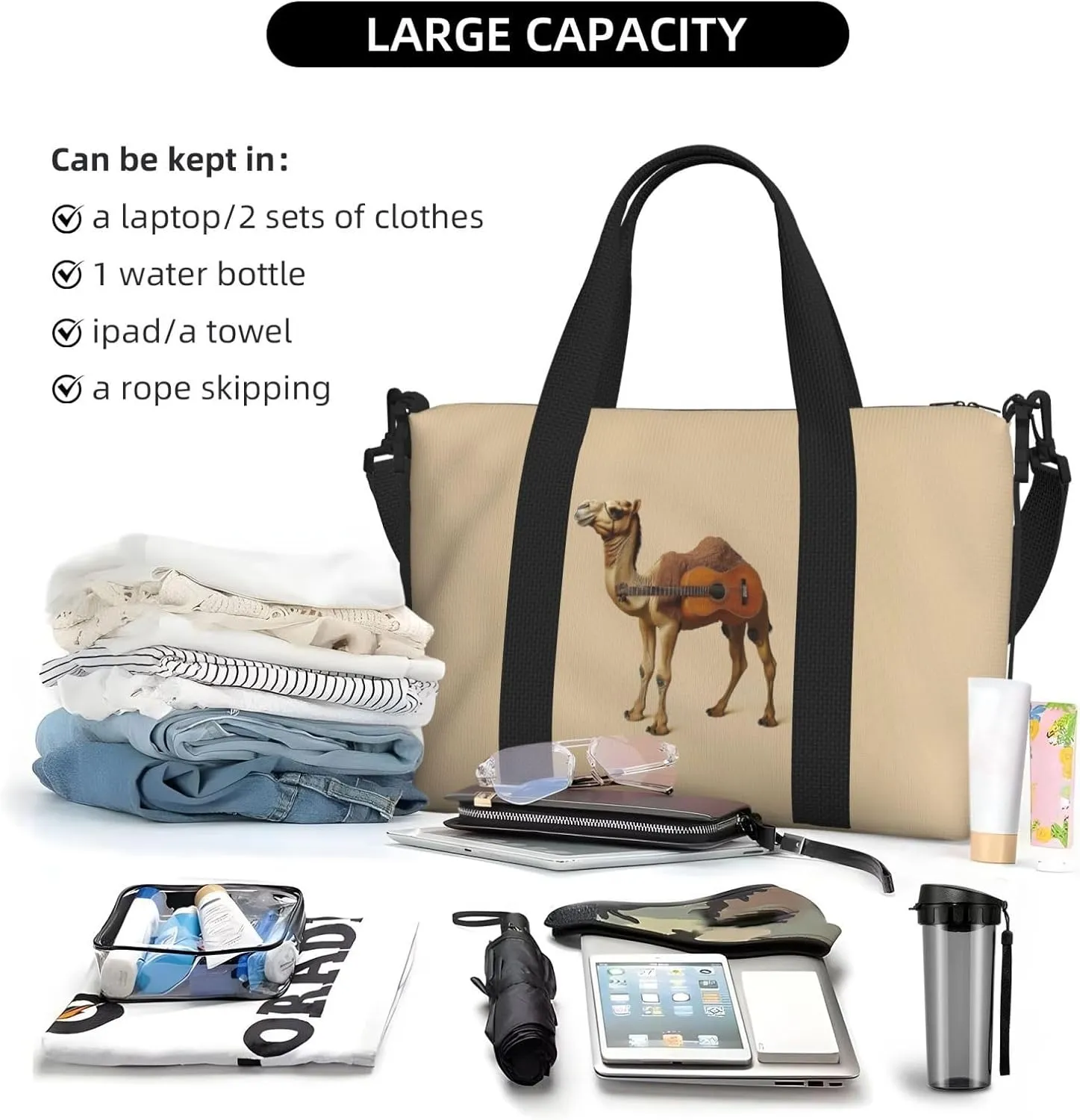 camel guitar funny print Travel Duffel Bag, Sports Tote Gym Bag, Swim Pool Bag Large Shoulder Tote Bag for Beach Weekender