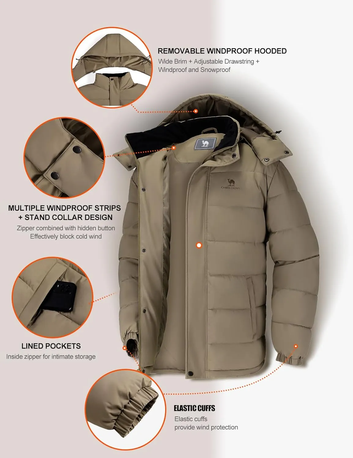 CAMELSPORTS Mens Winter Coats Warm Jacket with Detachable Hood Water-Repellent Windproof Parkas Casual Jackets