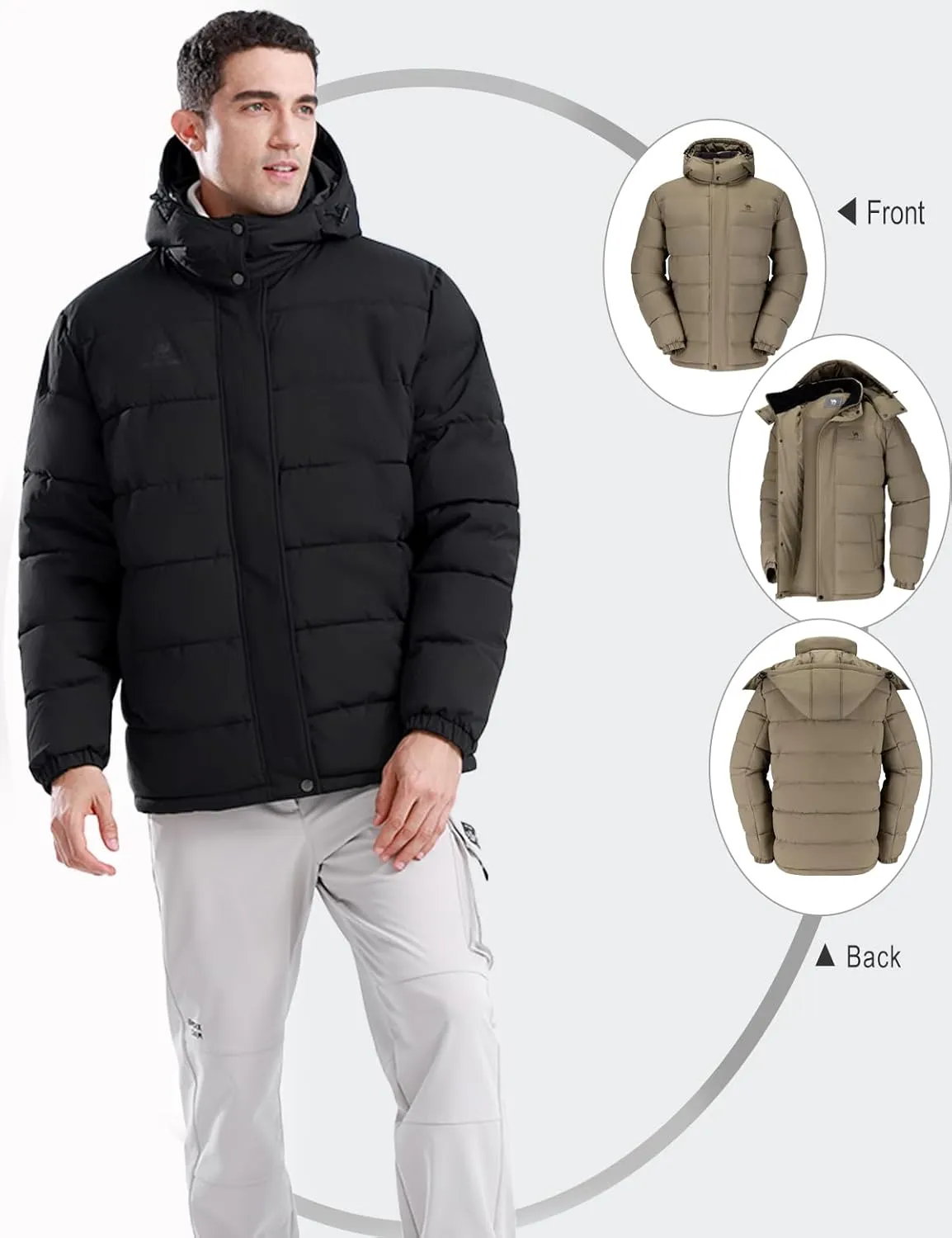 CAMELSPORTS Mens Winter Coats Warm Jacket with Detachable Hood Water-Repellent Windproof Parkas Casual Jackets