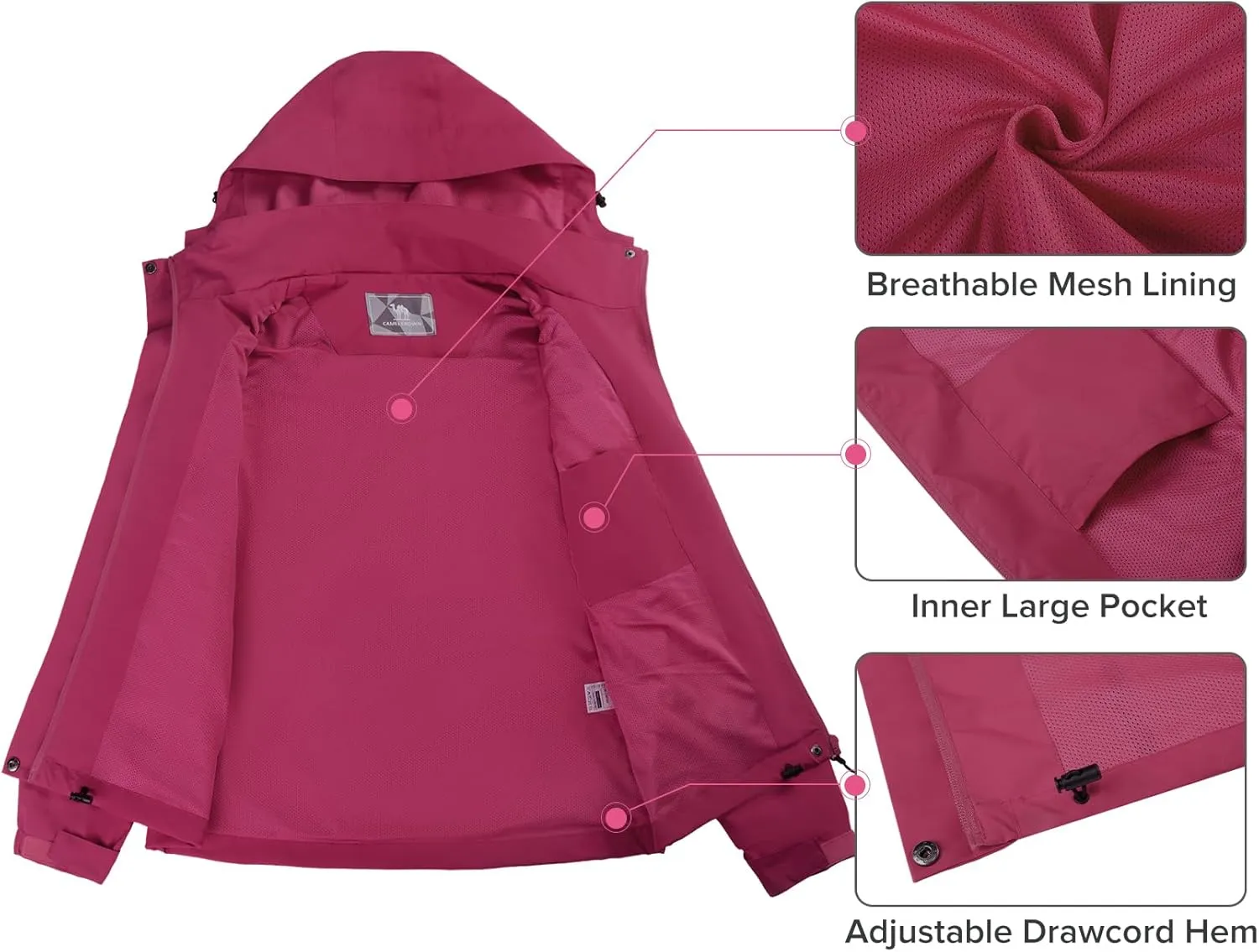 CAMELSPORTS Women's Rain Jacket Lightweight Windbreaker Hooded Raincoat Windproof Coat Shell for Outdoor Hiking