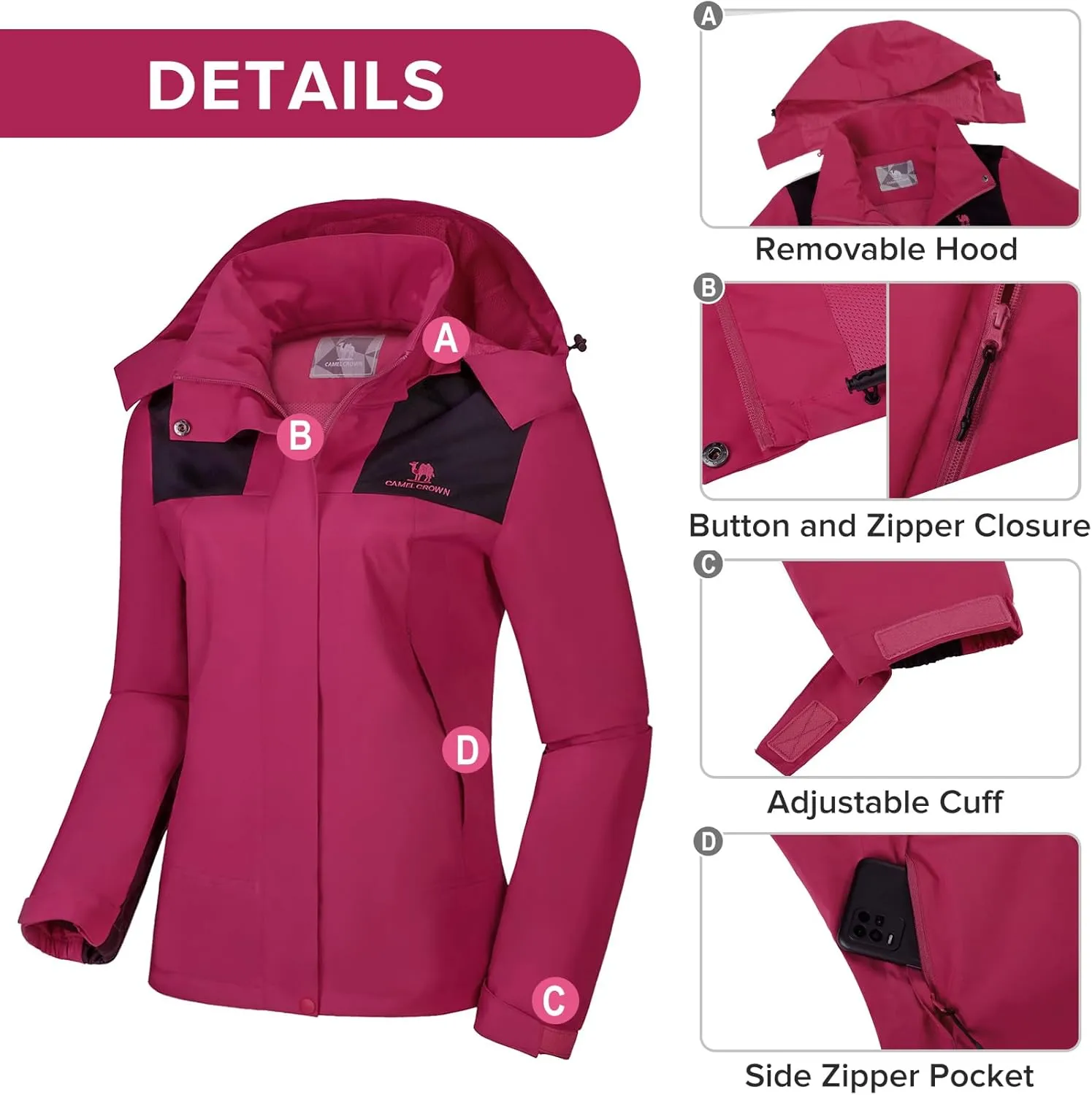 CAMELSPORTS Women's Rain Jacket Lightweight Windbreaker Hooded Raincoat Windproof Coat Shell for Outdoor Hiking