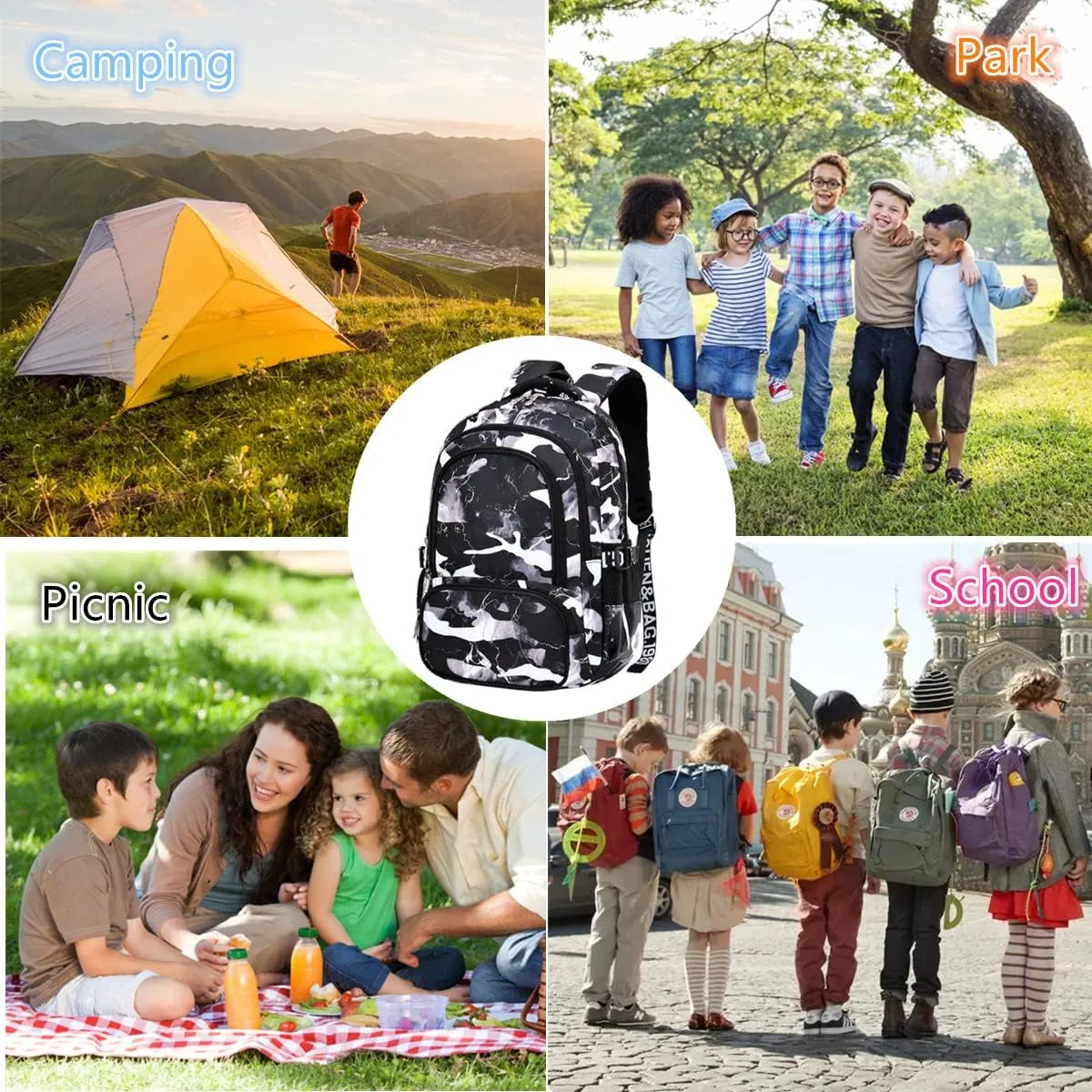 Camo Backpack for Kids, Lightweight Camo Backpack Elementary Middle School Backpack Water Repellent Bookbag (Camo Black)