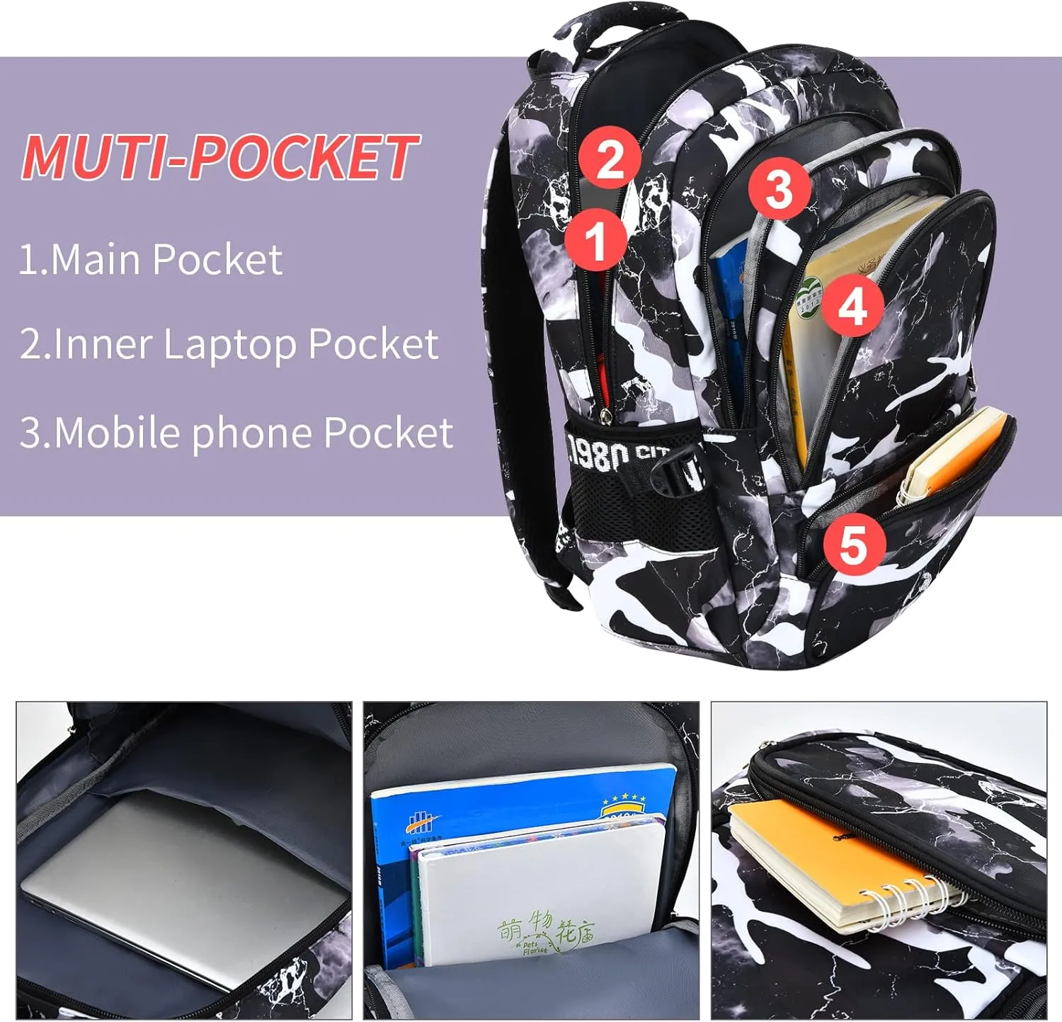 Camo Backpack for Kids, Lightweight Camo Backpack Elementary Middle School Backpack Water Repellent Bookbag (Camo Black)