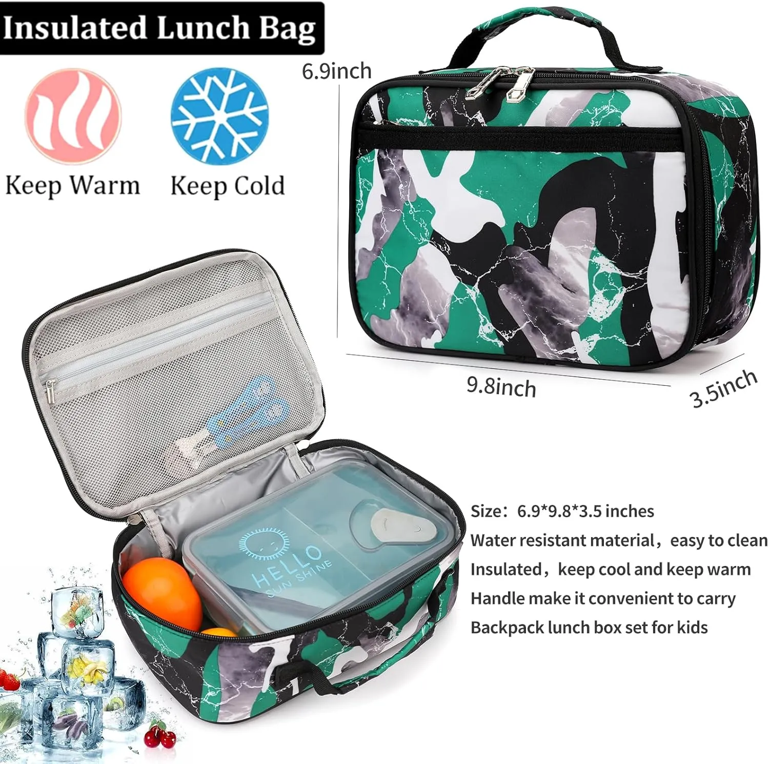 Camo Backpack for Kids, Lightweight Camo Backpack Elementary Middle School Backpack Water Repellent Bookbag (Camo Green 2 in 1)