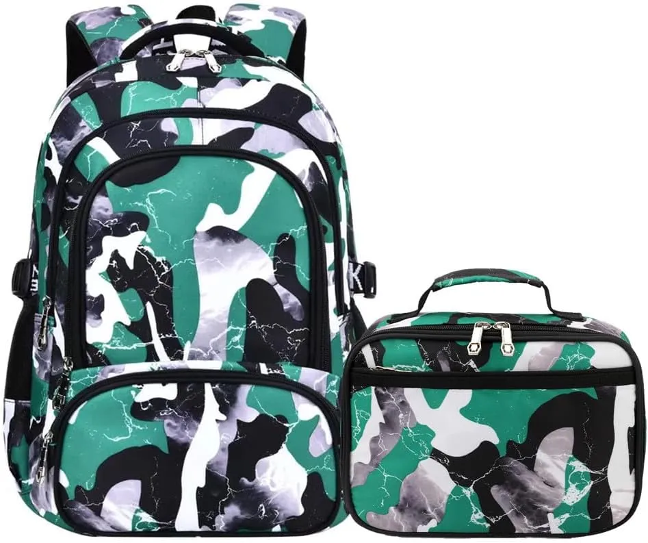 Camo Backpack for Kids, Lightweight Camo Backpack Elementary Middle School Backpack Water Repellent Bookbag (Camo Green 2 in 1)