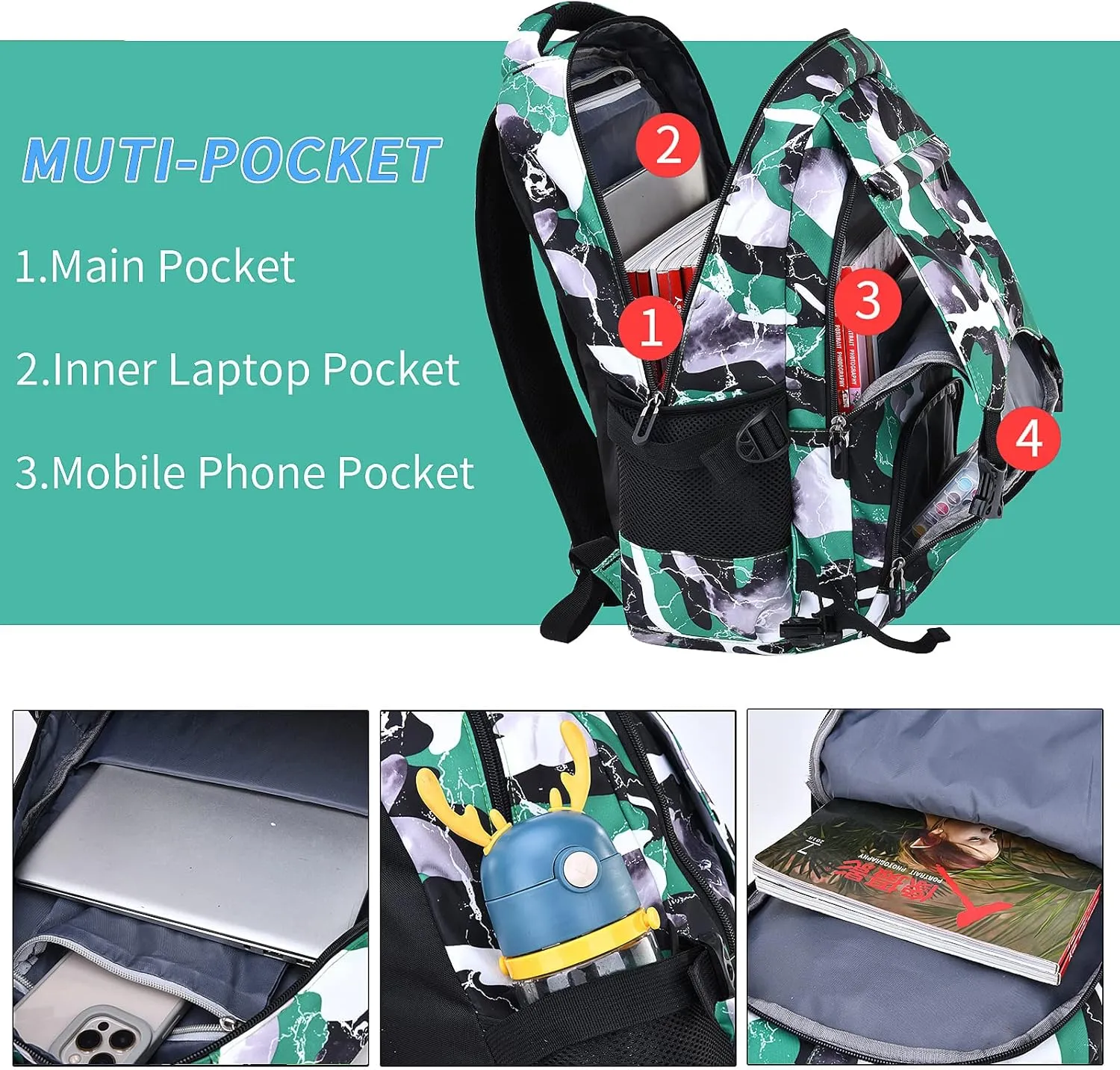 Camo Backpack for Kids, Lightweight Camo Backpack Elementary Middle School Backpack Water Repellent Bookbag (Camo Green)