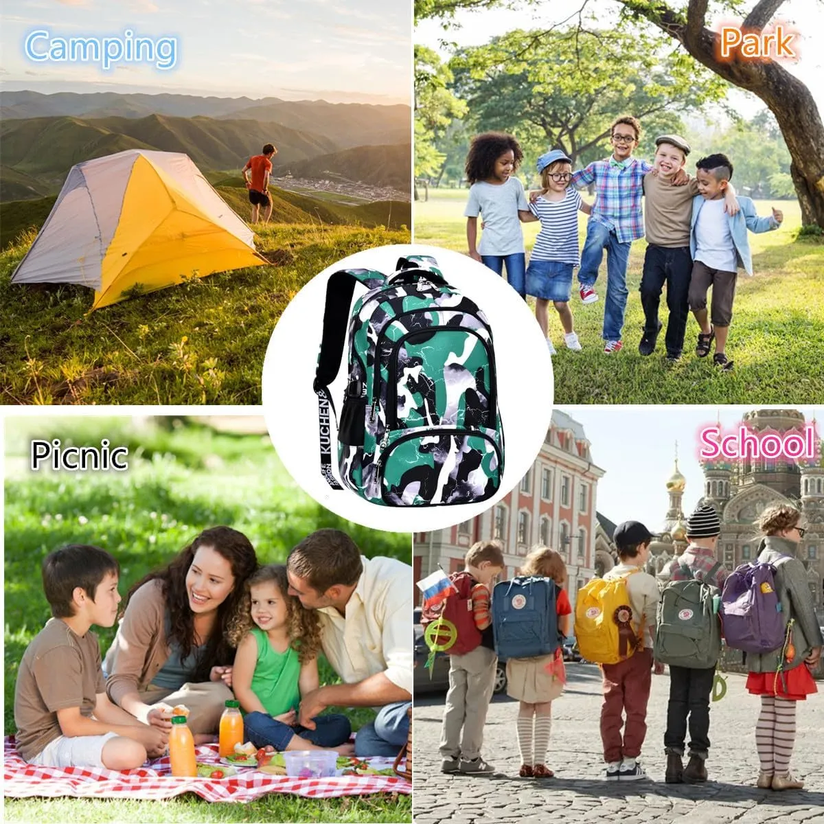 Camo Backpack for Kids, Lightweight Camo Backpack Elementary Middle School Backpack Water Repellent Bookbag (Camo Green)