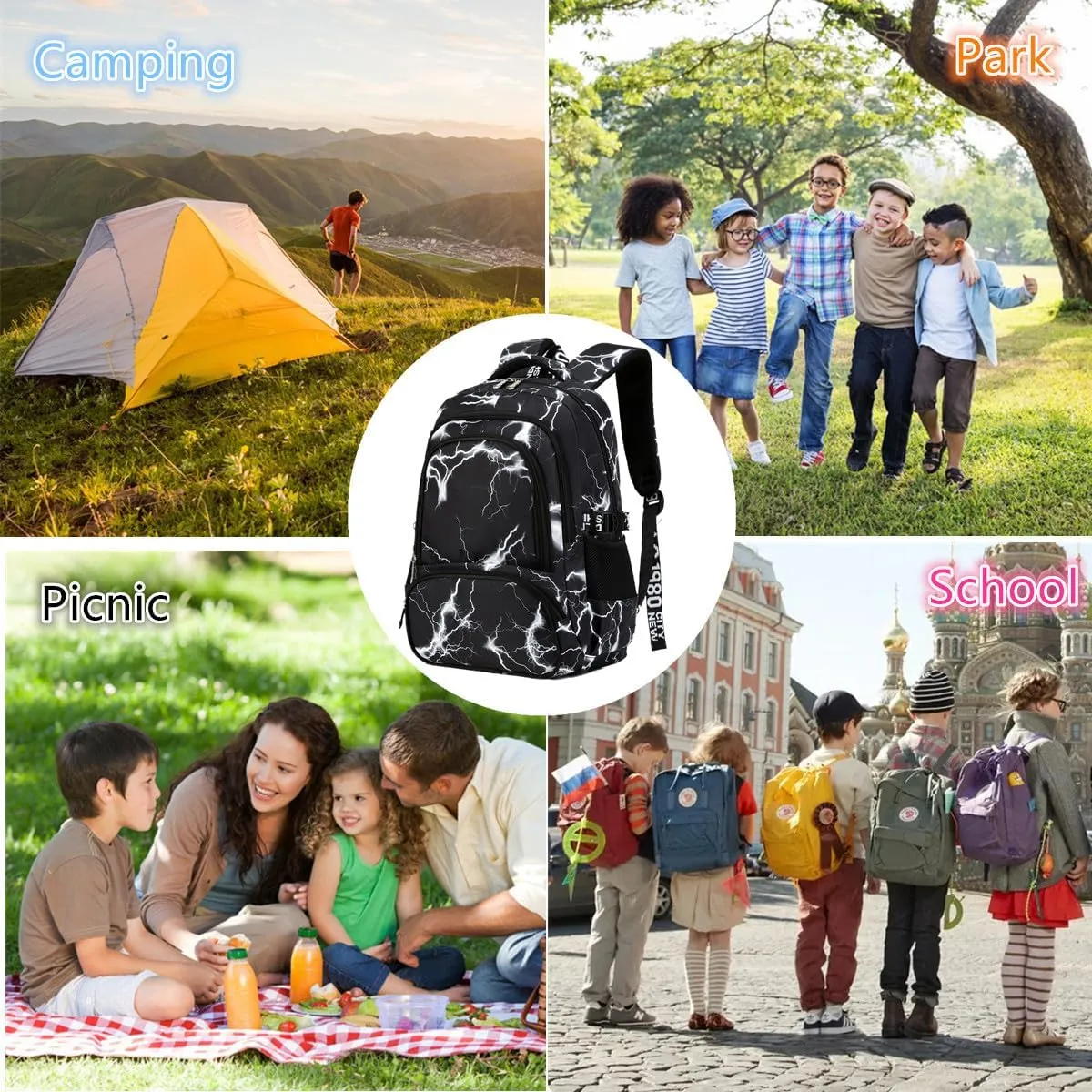 Camo Backpack for Kids, Lightweight Camo Backpack Elementary Middle School Backpack Water Repellent Bookbag (Lightning Black 2 in 1)
