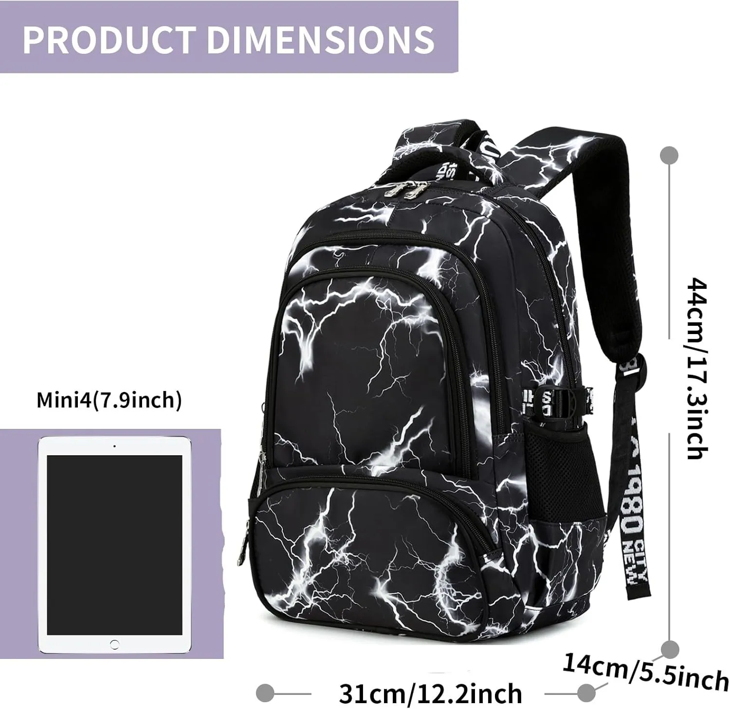 Camo Backpack for Kids, Lightweight Camo Backpack Elementary Middle School Backpack Water Repellent Bookbag (Lightning Black 2 in 1)
