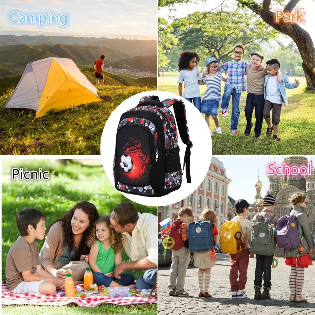 Camo Backpack for Kids, Lightweight Camo Backpack Elementary Middle School Backpack Water Repellent Bookbag (Soccer Red 2 in 1)