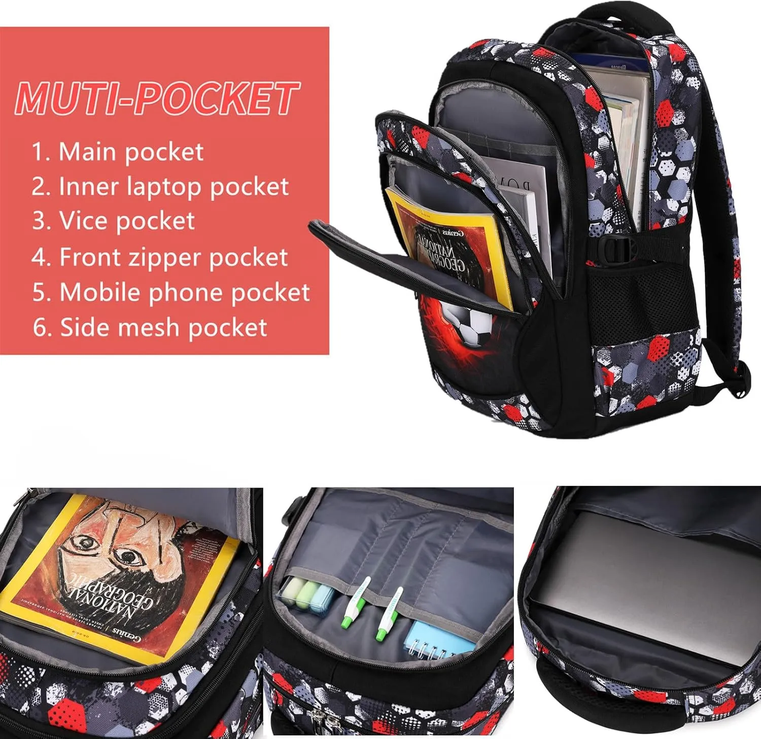 Camo Backpack for Kids, Lightweight Camo Backpack Elementary Middle School Backpack Water Repellent Bookbag (Soccer Red 2 in 1)