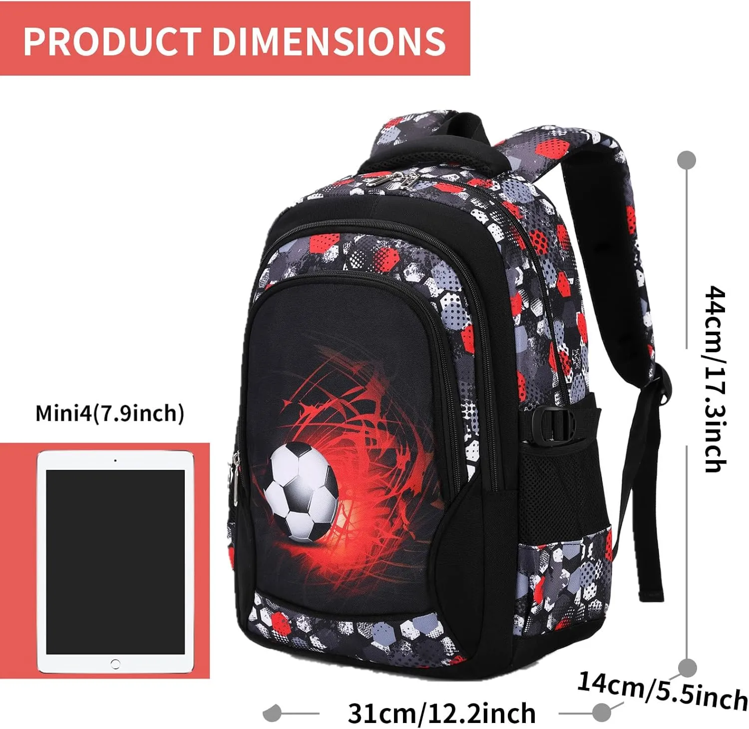 Camo Backpack for Kids, Lightweight Camo Backpack Elementary Middle School Backpack Water Repellent Bookbag (Soccer Red 2 in 1)
