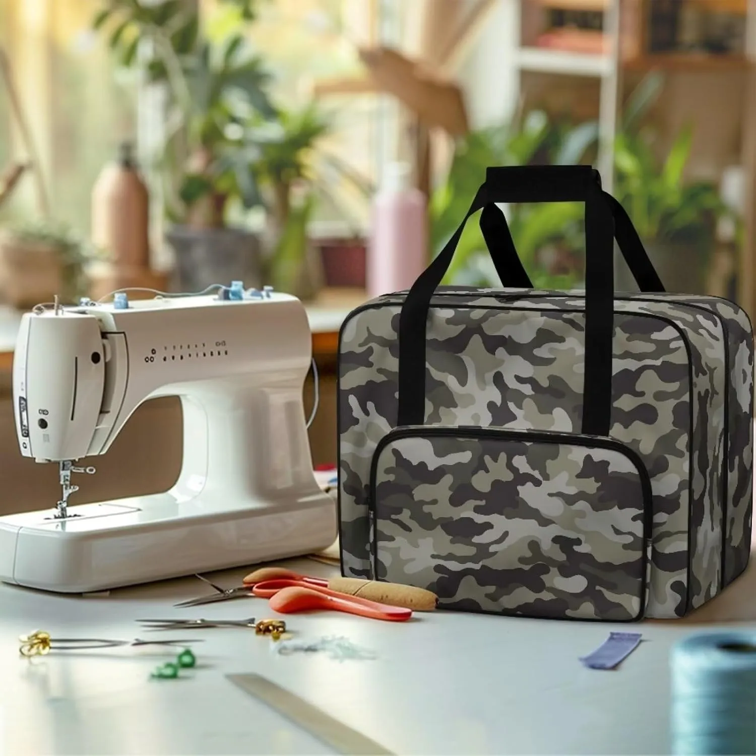 Camouflage Sewing Machine Carrying Case Tote Bag, Padded Storage Cover Carrying Case with Pockets and Handles, Suitable for Most Standard Sewing Machine