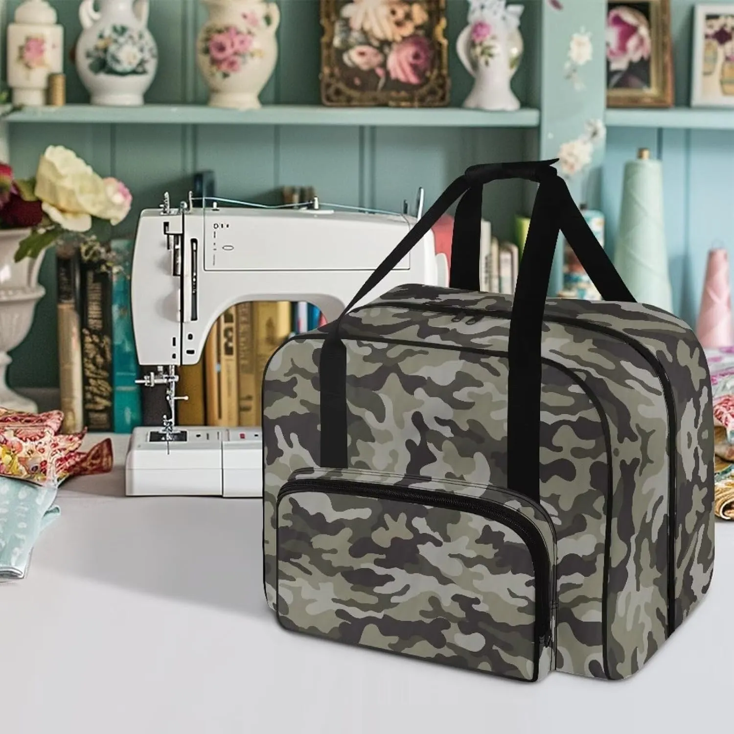 Camouflage Sewing Machine Carrying Case Tote Bag, Padded Storage Cover Carrying Case with Pockets and Handles, Suitable for Most Standard Sewing Machine