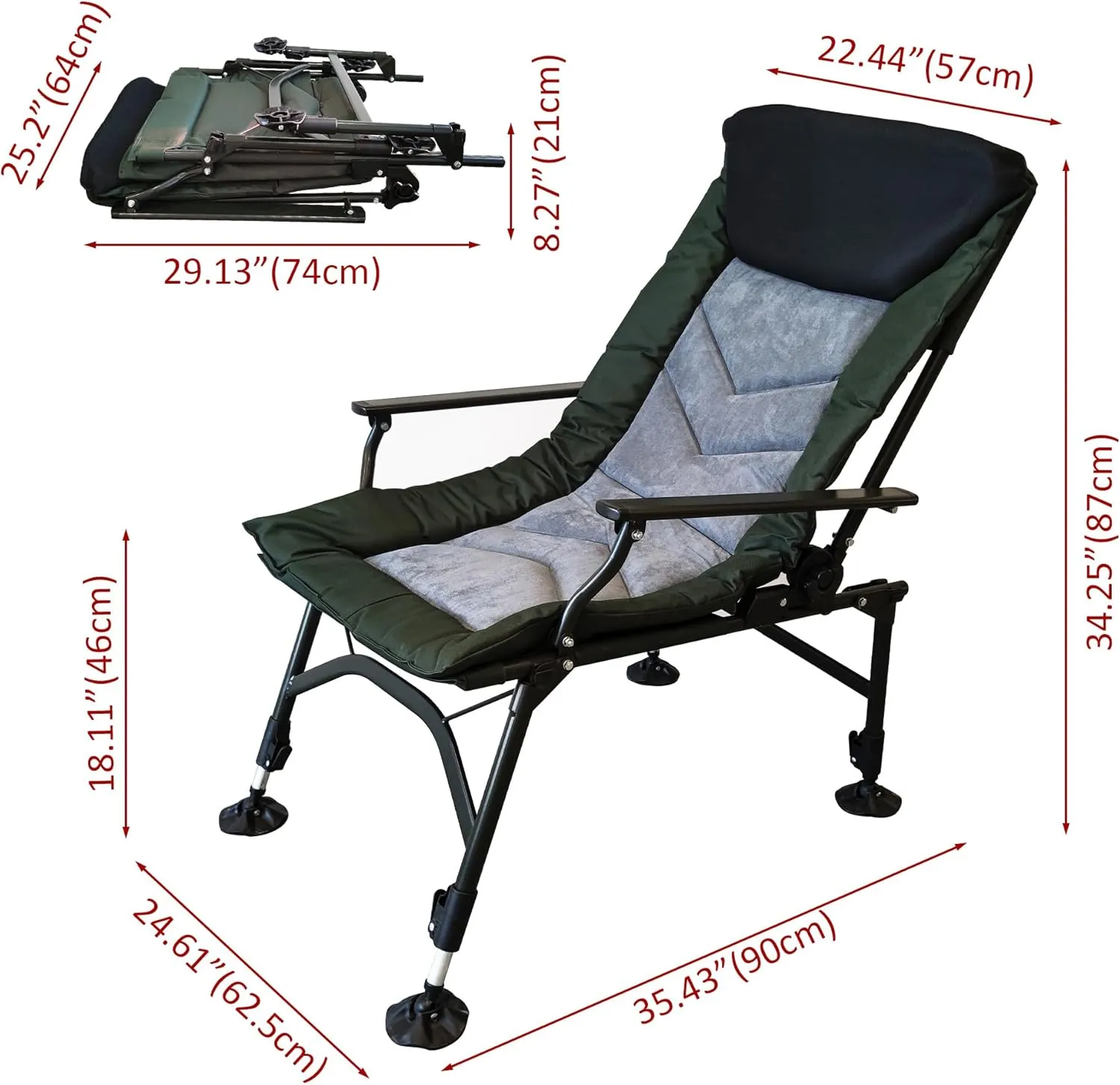 Camping Lounge Chair, Portable Folding Reclining Camping Lounge Chair with Adjustable Backrest, Lightweight & Durable for Indoor & Outdoor Use, Beach, Hiking, Fishing (Style A：Black Grey,Green)