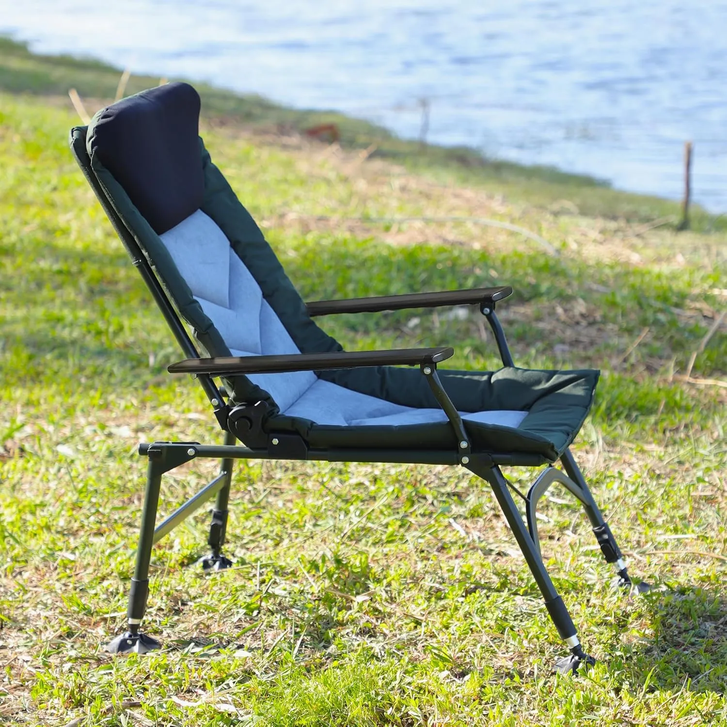 Camping Lounge Chair, Portable Folding Reclining Camping Lounge Chair with Adjustable Backrest, Lightweight & Durable for Indoor & Outdoor Use, Beach, Hiking, Fishing (Style A：Black Grey,Green)