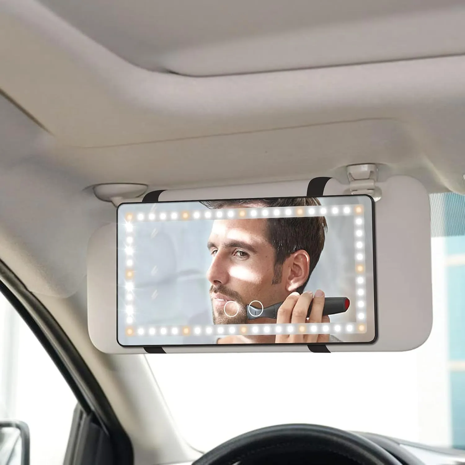 Car Sun Visor Vanity Mirror, with 3 Light Modes & 60 LEDs - Rechargeable Dimmable Clip-on Rear View Sun-Shading Cosmetic Makeup Mirror, Universal for Car SUV(Black)