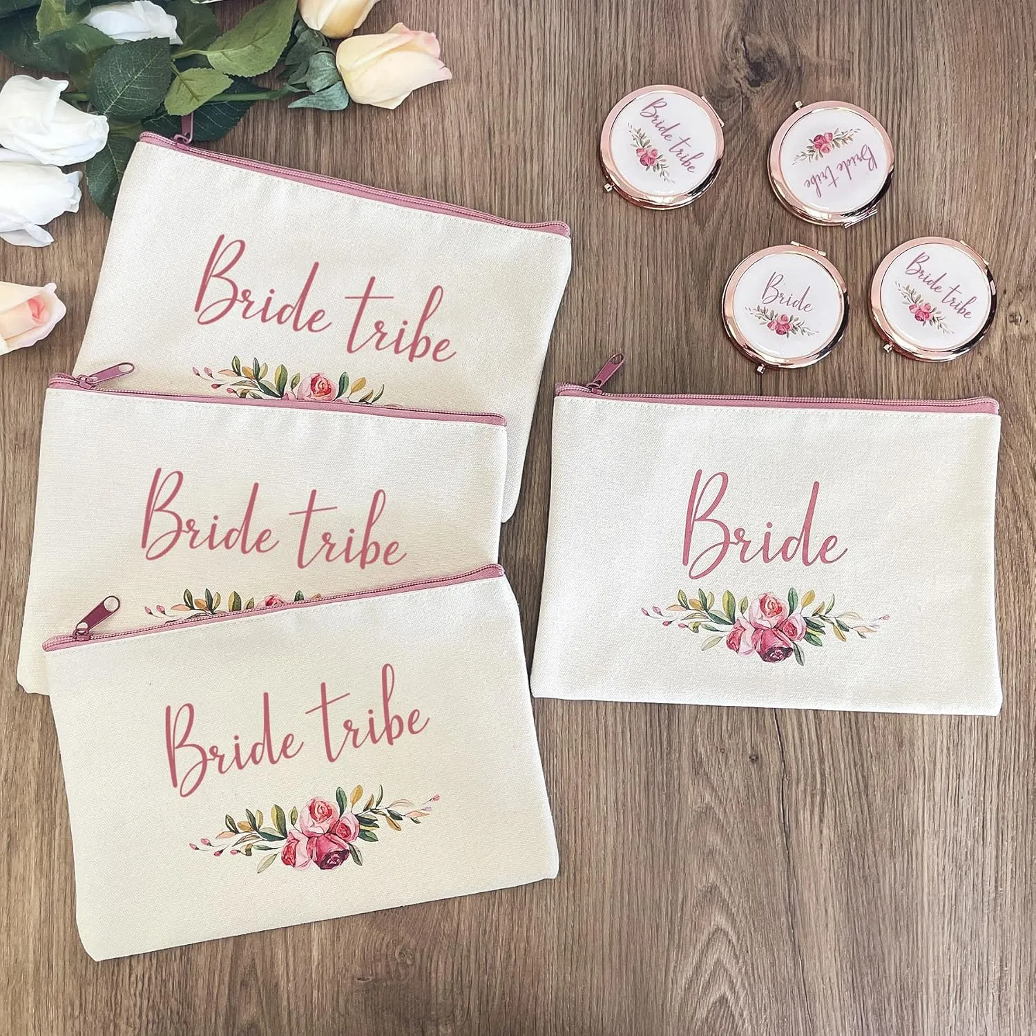 CARAKNOTS Bride Tribe Gifts Bride Tribe Bags Set of 8 Bridesmaid Gifts for Wedding Proposal Bridal Shower Bachelorette Party Favor Cotton Canvas Cosmetic Makeup Bag with Compact Mirror