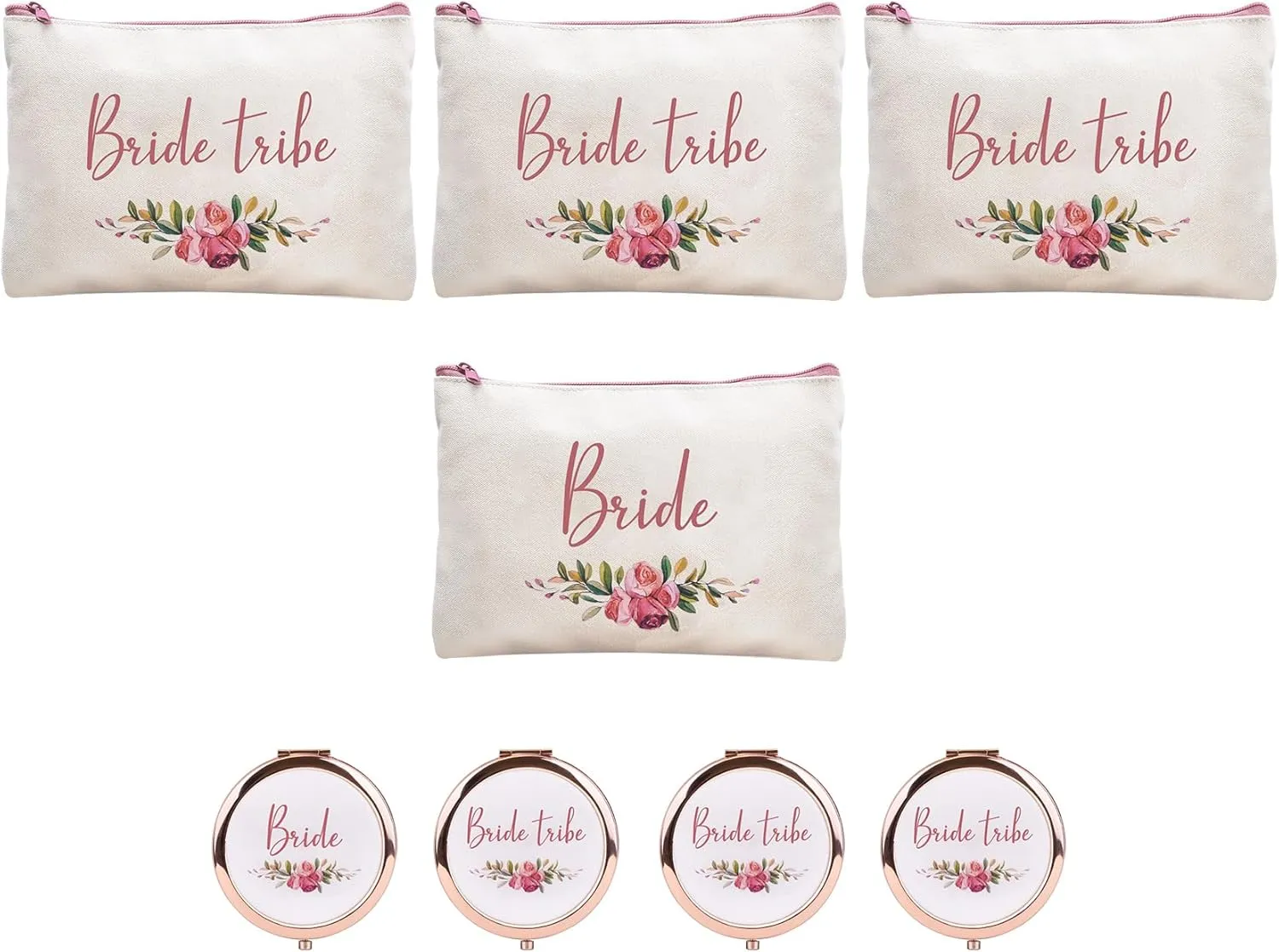 CARAKNOTS Bride Tribe Gifts Bride Tribe Bags Set of 8 Bridesmaid Gifts for Wedding Proposal Bridal Shower Bachelorette Party Favor Cotton Canvas Cosmetic Makeup Bag with Compact Mirror