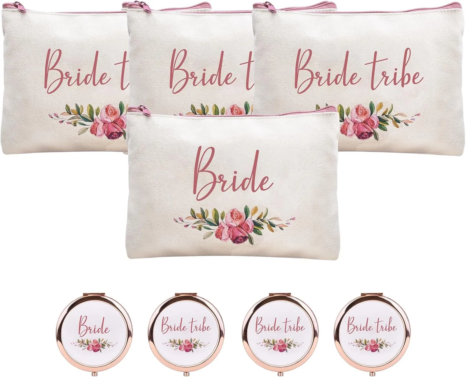 CARAKNOTS Bride Tribe Gifts Bride Tribe Bags Set of 8 Bridesmaid Gifts for Wedding Proposal Bridal Shower Bachelorette Party Favor Cotton Canvas Cosmetic Makeup Bag with Compact Mirror