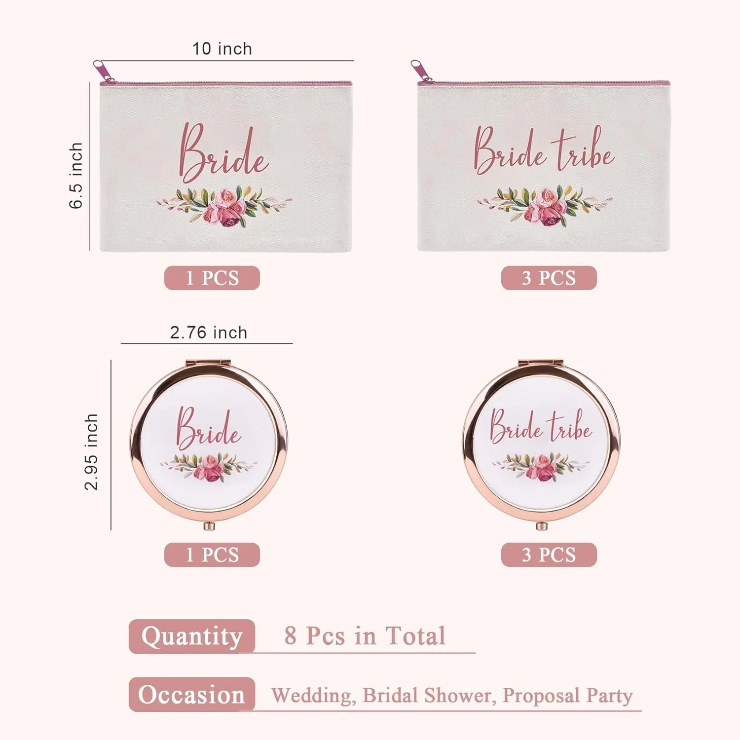 CARAKNOTS Bride Tribe Gifts Bride Tribe Bags Set of 8 Bridesmaid Gifts for Wedding Proposal Bridal Shower Bachelorette Party Favor Cotton Canvas Cosmetic Makeup Bag with Compact Mirror